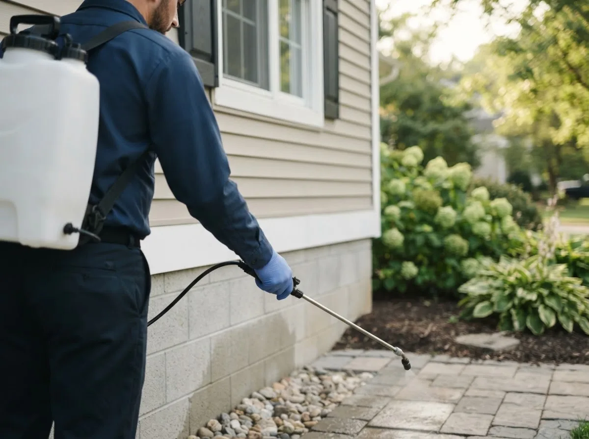 Pest control technician inspecting a home in Utopia, TX